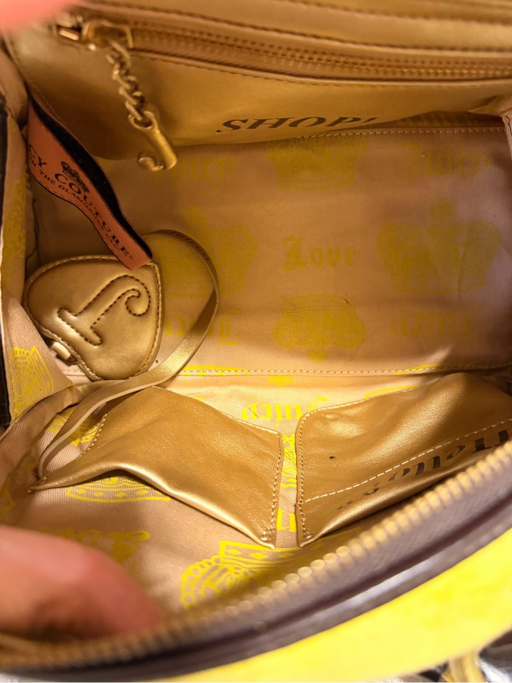 Juicy Couture Yellow Velvet Dome Satchel with Dark Brown Trim and Heart Charm - Picture 8 of 10